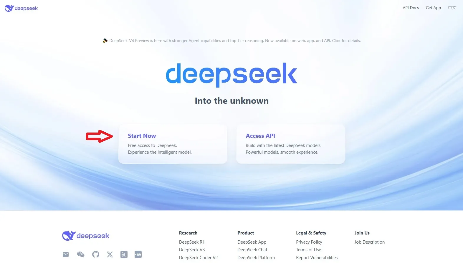 Главная страница DeepSeek на английском языке